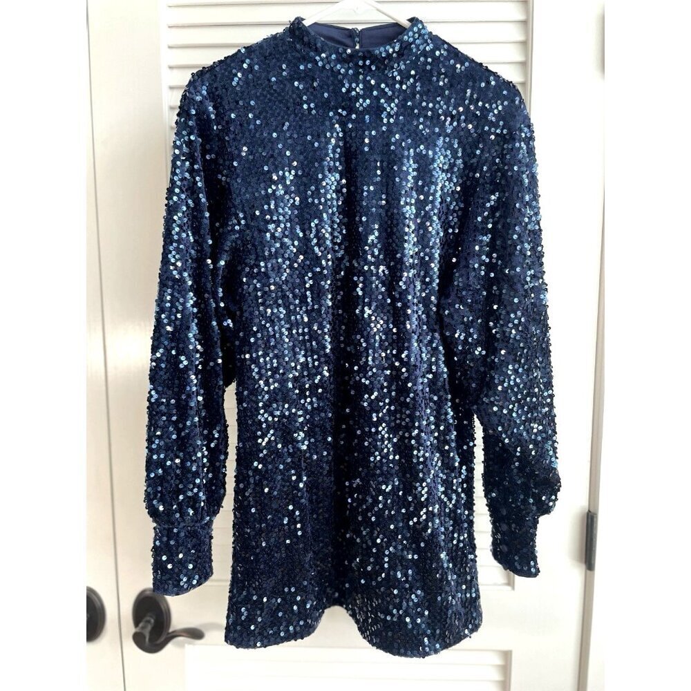 Camila Coelho Blue Long Sleeve Mock Neck Sequinced Dress Women's Sz S